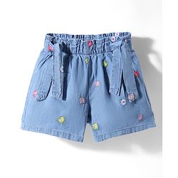 Babyhug Denim Mid Thigh Shorts With Floral Embroidery - Blue