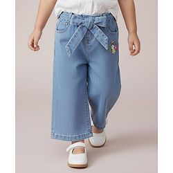 Babyhug Ankle Length Washed Denim Culottes & Belt With Floral Embroidery - Blue