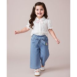 Babyhug Ankle Length Washed Denim Culottes & Belt With Floral Embroidery - Blue