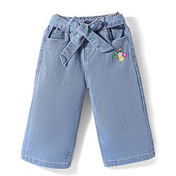 Babyhug Ankle Length Washed Denim Culottes & Belt With Floral Embroidery - Blue