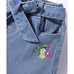Babyhug Ankle Length Washed Denim Culottes & Belt With Floral Embroidery - Blue