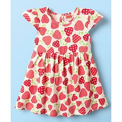 Babyhug Single Jersey Knit Cap Sleeves Fruit Printed Frocks Pack of 2 - Red & White