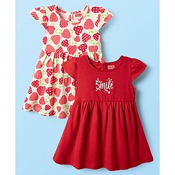 Babyhug Single Jersey Knit Cap Sleeves Fruit Printed Frocks Pack of 2 - Red & White