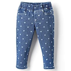Babyhug Full Length Denim Jeggings With Stretch Heart Print - Blue