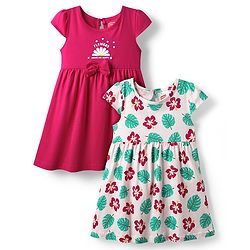 Babyhug 100% Cotton Cap Sleeves Frocks With Floral & Text Print Pack Of 2 - Red & Peach
