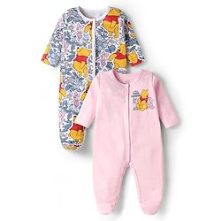 Babyhug Disney Interlock Knit Full Sleeves Footed Sleep Suits With Winnie The Pooh Graphics Pack of 2 - Baby Pink & White
