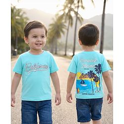 Babyhug Cotton Knit Half Sleeves T-Shirt with Front & Back Beach Theme Print - Aqua Blue