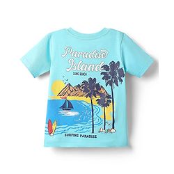 Babyhug Cotton Knit Half Sleeves T-Shirt with Front & Back Beach Theme Print - Aqua Blue