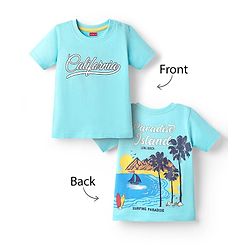 Babyhug Cotton Knit Half Sleeves T-Shirt with Front & Back Beach Theme Print - Aqua Blue