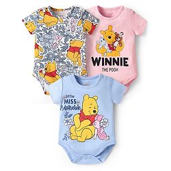 Babyhug Disney Interlock Knit Half Sleeves Onesies With Winnie The Pooh Print Pack Of 3 - Pink Blue & White