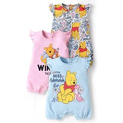 Babyhug Disney Interlock Knit Frill Sleeves Onesies With Winnie The Pooh Graphics Pack Of 3 - Blue Pink & White