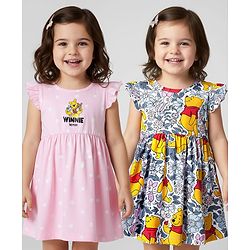Babyhug Disney Single Jersey Knit Frill Sleeves Frocks With Winnie The Pooh Graphics Pack Of 2 - Pink & White