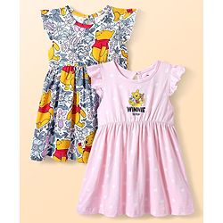 Babyhug Disney Single Jersey Knit Frill Sleeves Frocks With Winnie The Pooh Graphics Pack Of 2 - Pink & White