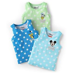 Babyhug Disney Single Jersey Knit Sleeveless Vests With Mickey Mouse & Family Graphics Pack Of 3 - Light Blue Blue & Light Green
