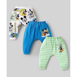 Babyhug Disney Interlock Knit Full Length Diaper Leggings with Mickey Mouse & Family Graphics Pack of 3 - White Blue & Light Green