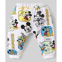 Babyhug Disney Interlock Knit Full Length Diaper Leggings with Mickey Mouse & Family Graphics Pack of 3 - White Blue & Light Green