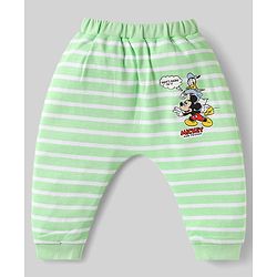 Babyhug Disney Interlock Knit Full Length Diaper Leggings with Mickey Mouse & Family Graphics Pack of 3 - White Blue & Light Green