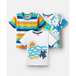 Babyhug Cotton Knit Half Sleeves T-Shirts with Sea Life Print & Stripes Pack of 3 - White
