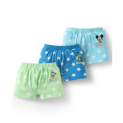 Babyhug Disney Interlock Knit Mid Thigh Trunk With Mickey & Family Graphics Pack Of 3 - Light Blue Light Green & Blue