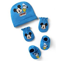Babyhug Disney 100% Cotton Cap Mittens & Booties Set With Mickey Mouse & Family Graphics Blue - Circumference 28 cm