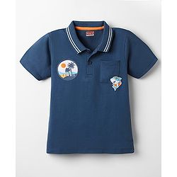 Babyhug Cotton Knit Half Sleeves Polo T-Shirt with Beach Theme Patch Detailing - Navy Blue