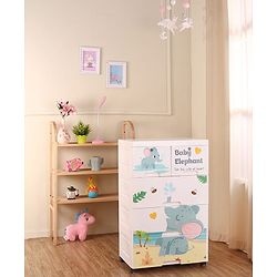 Babyhug 4 Layer High Density Plastic Storage Cabinet with Baby Elephant Print - White
