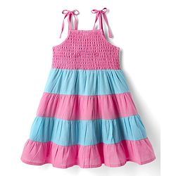Babyhug Cotton Woven Sleeveless Frock With Smock Detailing & Floral Applique - Dark Pink & Blue