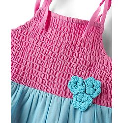 Babyhug Cotton Woven Sleeveless Frock With Smock Detailing & Floral Applique - Dark Pink & Blue