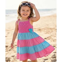 Babyhug Cotton Woven Sleeveless Frock With Smock Detailing & Floral Applique - Dark Pink & Blue