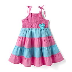 Babyhug Cotton Woven Sleeveless Frock With Smock Detailing & Floral Applique - Dark Pink & Blue