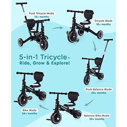 Babyhug Most Advanced 5 in 1 Baby Cycle Mini Marvel Tricycle with Adjustable Parent Handle - Black