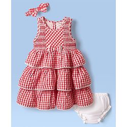 Babyhug Seer Sucker Woven Sleeveless Checkered Frock Bloomer & Headband With Bow Applique - Red