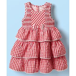 Babyhug Seer Sucker Woven Sleeveless Checkered Frock Bloomer & Headband With Bow Applique - Red