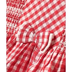 Babyhug Seer Sucker Woven Sleeveless Checkered Frock Bloomer & Headband With Bow Applique - Red