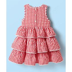 Babyhug Seer Sucker Woven Sleeveless Checkered Frock Bloomer & Headband With Bow Applique - Red