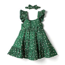 Babyhug Cotton Woven Frill Sleeves Floral Printed Frock With Bow Applique & Headband - Dark Green