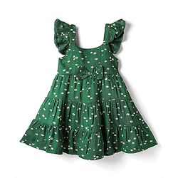 Babyhug Cotton Woven Frill Sleeves Floral Printed Frock With Bow Applique & Headband - Dark Green