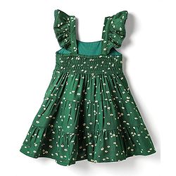 Babyhug Cotton Woven Frill Sleeves Floral Printed Frock With Bow Applique & Headband - Dark Green