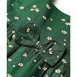 Babyhug Cotton Woven Frill Sleeves Floral Printed Frock With Bow Applique & Headband - Dark Green