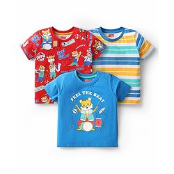 Babyhug Cotton Knit Half Sleeves T-Shirts with Animal Print & Stripes Pack of 3 - Blue & Red