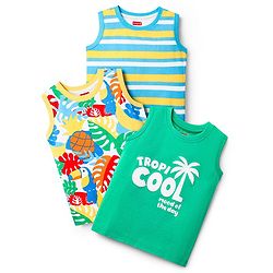Babyhug Cotton Knit Sleeveless Tank T-Shirts with Tropical Theme Print Pack of 3 - Mint & Light Blue