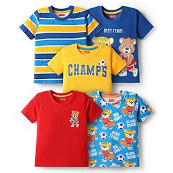 Babyhug Cotton Knit Half Sleeves T-Shirts with Stripes & Sports Theme Print Pack of 5 - Multicolor