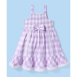 Babyhug Cotton Woven Sleeveless Checks Frock With Bow Applique & Smocked Detailing - Lilac