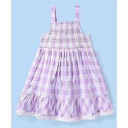 Babyhug Cotton Woven Sleeveless Checks Frock With Bow Applique & Smocked Detailing - Lilac