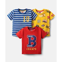 Babyhug Cotton Knit Half Sleeves T-Shirts with Sports Theme Print & Stripes Pack of 3 - Red Yellow & Blue