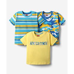 Babyhug Cotton Knit Half Sleeves T-Shirt With Stripes & Awesome Text Print Pack Of 3 - Yellow & Light Blue