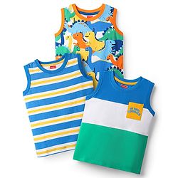Babyhug Cotton Knit Sleeveless Tank T-Shirts with Dino Print & Stripes Pack of 3 - Multicolor