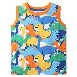 Babyhug Cotton Knit Sleeveless Tank T-Shirts with Dino Print & Stripes Pack of 3 - Multicolor