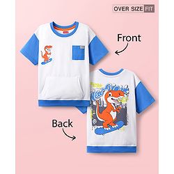 Babyhug Cotton Knit Half Sleeves Oversized T-Shirt With Front & Back Dino Print - White & Blue