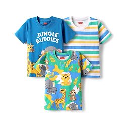 Babyhug Cotton Knit Half Sleeves T-Shirt with Jungle Theme Print & Stripes Pack of 3 - Blue White & Light Green